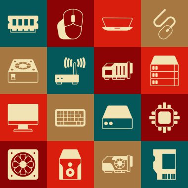 SD kart, İşlemci, Sunucu, Veri, Web Sunucu, Laptop, Yönlendirici ve Wi-Fi sinyali, Bilgisayar soğutucu, RAM, rastgele erişim belleği ve Video grafik simgesini ayarla. Vektör
