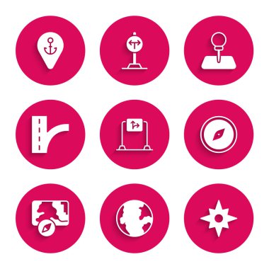 Yol trafik işaretini, Dünya küresi, rüzgar gülünü, pusulayı, şehir haritasını, iğne ve konumu çapa simgesiyle ayarla. Vektör