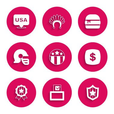 Yıldız, oy sandığı, Kalkan yıldızları, dolar sembolü, Amerikan futbol kaskı, Burger ve ABD Bağımsızlık Günü ikonu olan madalyayı ayarla. Vektör