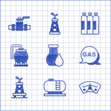 Petrol test tüpü, depolama tankı, motor benzin göstergesi, konum ve istasyon, sondaj, sanayi silindiri ve metal boru kapakçığı ikonu ayarlayın. Vektör