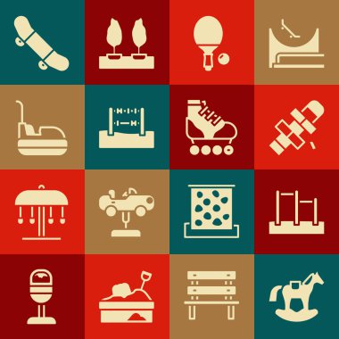 Horizontal bar, Hopscotch, Raket ve Top, Abacus, Bumper Car, Skateboard hilesi ve paten ikonu. Vektör