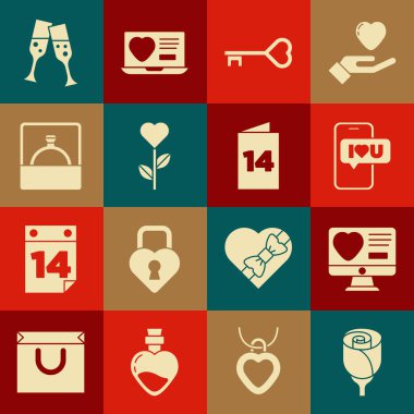 Çiçek Gülü, Randevu uygulaması, kalbi, anahtar şekli, kalp çiçeği, elmas nişan yüzüğü, bir kadeh şampanya ve tebrik kartı ikonu. Vektör