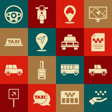 El 'i taksi, araba, taksi ehliyeti, konum, çatı, direksiyon ve ikon ile ayarla. Vektör