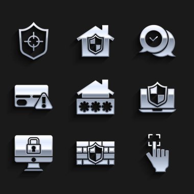 House 'u şifreli ayarla, Kalkan tuğlası duvar, parmak izi, dizüstü bilgisayar korumalı kalkan, monitörde kilit, kredi kartı, konuşma balonunu ve simgeyi kontrol et. Vektör