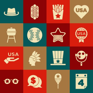 Takvimi 4 Temmuz, turist dürbünü, madalya yıldızı, patates kızartma kutusu, beyzbol topu, barbekü ızgarası, kovboy şapkası ve ABD 'nin Bağımsızlık Günü ikonu ile ayarla. Vektör