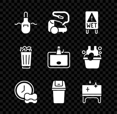 Mutfak önlüğü, elektrikli süpürge, ıslak zemin, bulaşık, çöp tenekesi, temizlik masası, tam çöp ve lavabo ikonu. Vektör