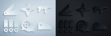 Set sporu, hafif makineli tüfek M3, Bullet, Askeri bere, Japon ninja shuriken ve İsviçre ordu bıçak ikonu. Vektör