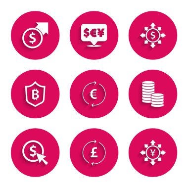 Avro sembolü, pound, Yen, dolar, kalkan bitcoin, dolar, hisse, ağ ve finansal büyüme ve ikon ile madeni para ayarla. Vektör