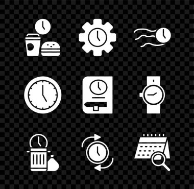 Fast food zamanı, Zaman Yönetimi, mesai saati, Okla Zaman israfı, Takvim araması, ve kitap simgesi. Vektör