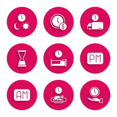 Uyku Zamanı, Yemek Zamanı, Saat, Gündüz, Sabah, Kumlu Eski Kum Saati, Teslimat ve Gece ikonu. Vektör