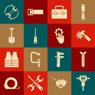 İnşaat matkabı, metal vida, Hammer, Toolbox, Tornavida, Kürek, İngiliz anahtarı ve okları el simgesinde çalışma akışı ve ayarı olarak ayarla. Vektör