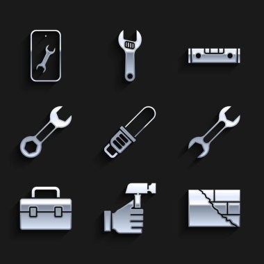 Testere, Çekiç, Tuğla, İngiliz anahtarı, Araç Kutusu, İnşaat balonu seviyesi ve Mobil servis simgesi ayarla. Vektör