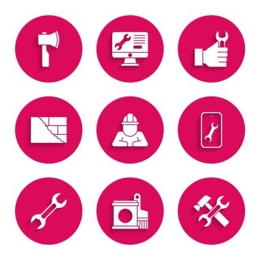 Yapı seti, boya kovası ve fırça, çekiç anahtarı, mobil servis, İngiliz anahtarı, tuğla ve tahta balta ikonu. Vektör