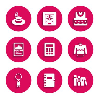 Hesap makinesi, Spiral defter, kitap, süveter, büyüteç, kart oyunu, yelek ve şapka ikonu. Vektör