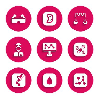 Kimyasal formül, su damlası, ilaç tableti, test tüpü ve matara, laboratuvar asistanı ve güvenlik gözlüğü ikonu. Vektör