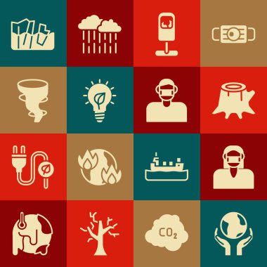 Dünya küresi tutan eller, yüz koruyucu maske, ağaç kütüğü, çöp tenekesi, yapraklı ampul, tornado, buzulun erimesi ve ikon. Vektör