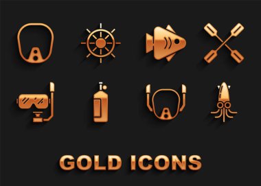 Aqualung, Paddle, Octopus, dalış maskesi ve şnorkel, Fish ve Ship direksiyon ikonunu ayarlayın. Vektör