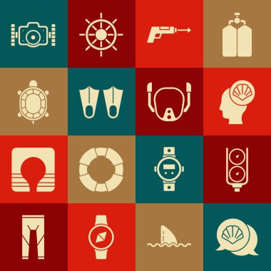 Deniz tarağı kabuğu, gösterge ölçeği, balıkçı zıpkını, lastik yüzgeçler, kaplumbağa, fotoğraf makinesi ve dalış maskesi simgesini ayarlayın. Vektör