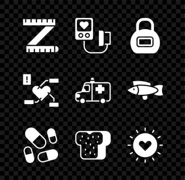 Teyp ölçüsü, kan basıncı, kettlebell, vitamin hapı, ekmek tostu, güneş, sağlık kalbi, ambulans ve acil durum ikonu. Vektör