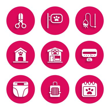 Hayvan tımarlama, çanta taşıma, yaka kartı, köpek için bebek bezi, köpek evi ve pençe izi, kedi oyuncağı ve makas kuaför ikonu. Vektör