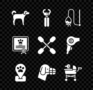 Set Köpeği, evcil hayvan tırnak makası, kedi oyuncağı, konum hayvanı tımarlama, ağızlık, bebek arabası, köpek sertifikası veya pamuklu çubuk kulak ikonu. Vektör
