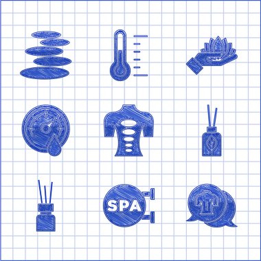 Masaj taşı terapisi, Spa salonu, Aroma ayırıcı, Sauna termometresi, Lotus çiçeği ve Stack sıcak taş ikonu. Vektör