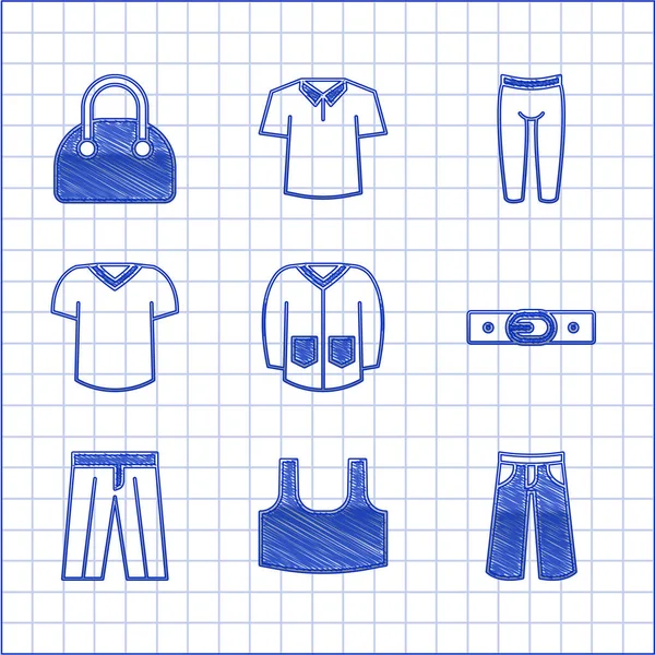 Set Sweater, Undershirt, Pants, Belt, T-shirt, Leggings and Handbag icon. Vector — Stock Vector