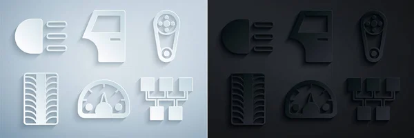 Set Tacho, Zahnriemen-Kit, Autoreifen-Rad, Schalthebel, Tür und Fernlicht-Symbol. Vektor — Stockvektor