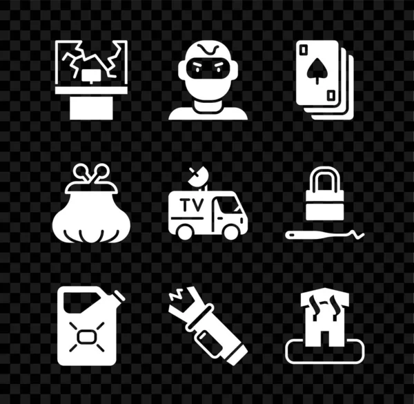 Set Broken window, Thief mask, Playing cards, Canister fuel, Police electric shock ker, Arson home, Wallet and TV News icon. Vector — 스톡 벡터