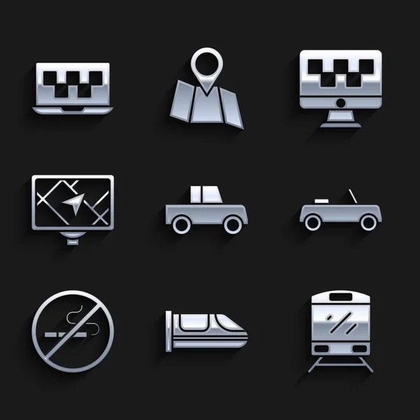 Set Auto, Hochgeschwindigkeitszug, Zug, Rauchverbot, GPS-Gerät mit Karte, Computer-Anruftaxi-Service und Laptop-Symbol. Vektor — Stockvektor