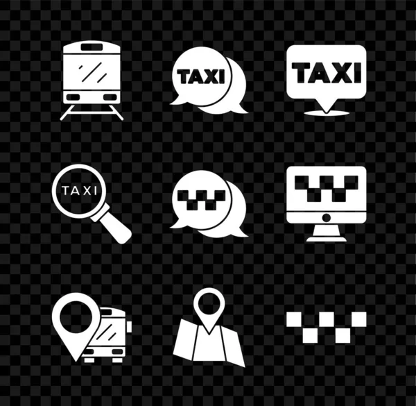 Set Train, Taxi call telephone service, Location with taxi, bus, Folded map location, car roof, Magnifying glass and and icon. Vector — Stock Vector