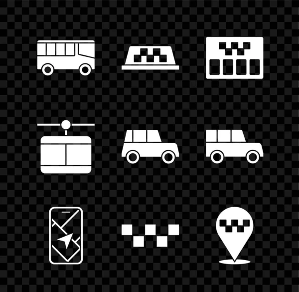 Set Bus, Taxi auto střecha, taxametr, City map navigace, Umístění s taxi, kabel a auto ikona. Vektor — Stockový vektor