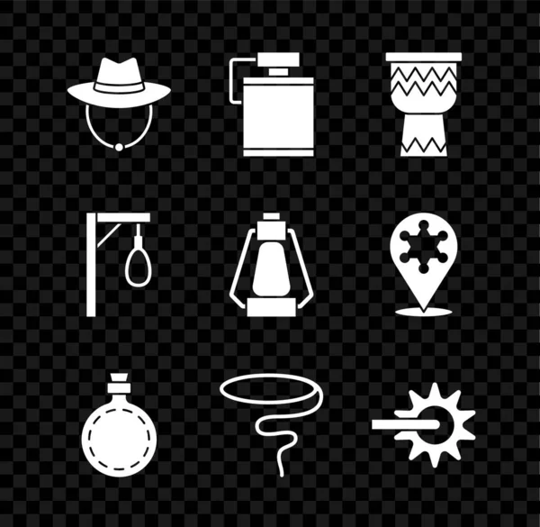 Állítsa nyugati cowboy kalap, Kantin vizes palack, dob, Lasso, Spur, akasztófa és Camping lámpás ikon. Vektor — Stock Vector