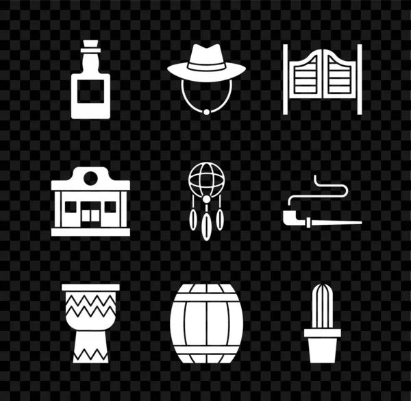 Set bouteille de tequila, chapeau de cow-boy occidental, porte de salon, tambour, canon de poudre de pistolet, peyote de cactus en pot, saloon ouest sauvage et capteur de rêve avec icône de plumes. Vecteur — Image vectorielle