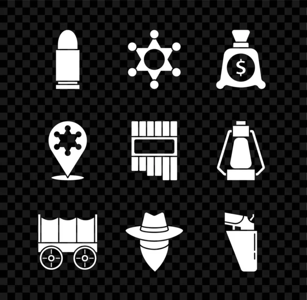 Set Bullet, sheriff hexagrama, bolsa de dinero, carro cubierto del salvaje oeste, vaquero, pistola Revolver en la funda, y el icono de la flauta Pan. Vector — Vector de stock