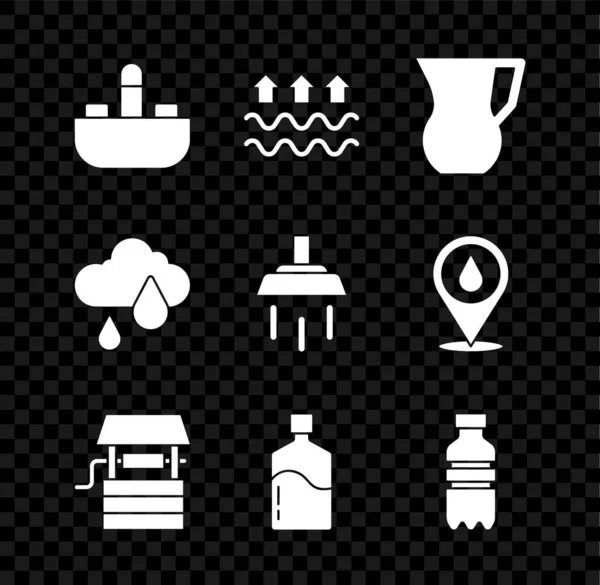 Set Wastafel met waterkraan, Golven van en verdamping, Kruik glas, Putten emmer, Grote fles schoon, Fles, Wolkenregen en Douche pictogram. Vector — Stockvector