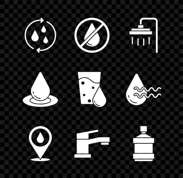 Set Recycle clean aqua, Water drop forbidden, Shower, with location, tap, Big bottle water, and Glass icon. Vector — Stock Vector