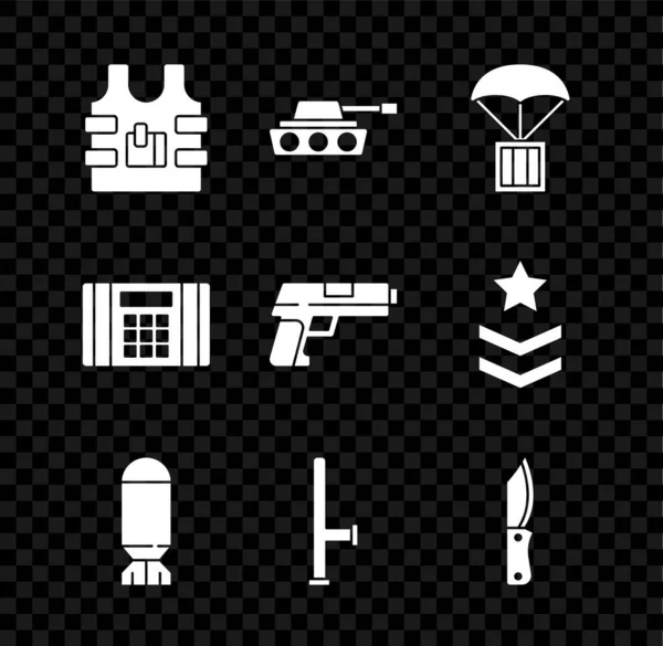 Set kugelsichere Weste, Militärpanzer, Airdrop Box, Fliegerbombe, Polizei Gummiknüppel, Messer, Dynamit und Pistole oder Pistole Symbol. Vektor — Stockvektor