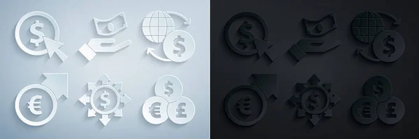 Zestaw Dolar, akcja, sieć, Wymiana walut, Wzrost finansowy i euro, Waluta, Ręczne trzymanie pieniędzy i monety z ikoną dolara. Wektor — Wektor stockowy
