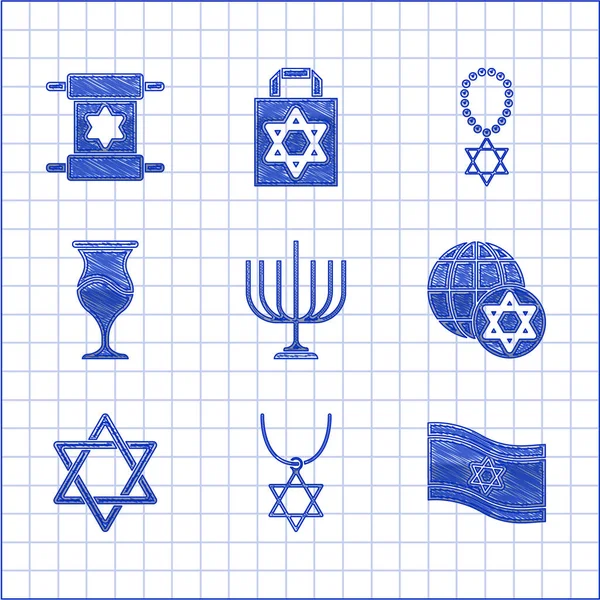 Establecer Hanukkah menorah, Estrella de David collar en cadena, Bandera de Israel, Globo Mundial y, copa judía, y el icono de desplazamiento de la Torá. Vector — Vector de stock