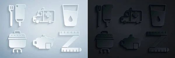 Set Teekanne mit Tasse, Glaswasser, Kochen, Maßband, Rettungswagen und Notarztwagen und Zahnpasta-Symbol. Vektor — Stockvektor