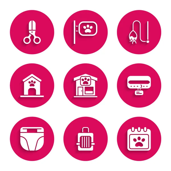 Hayvan tımarlama, çanta taşıma, yaka kartı, köpek için bebek bezi, köpek evi ve pençe izi, kedi oyuncağı ve makas kuaför ikonu. Vektör