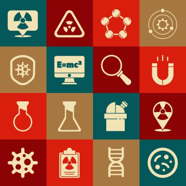 Bakterileri ayarla, radyoaktif, mıknatıs, molekül, denklem çözeltisi, kalkanları virüsten ve büyüteç simgesinden koru. Vektör