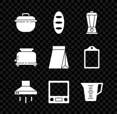 Yemek tenceresi, ekmek somunu, blender, mutfak vantilatörü, elektronik terazi, ölçü kabı, tost makinesi ve kahve çekirdeği ikonu. Vektör