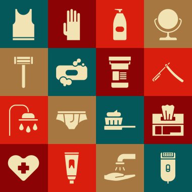 Elektrikli saç makası ya da tıraş makinesi, ıslak mendil, jilet, bir şişe sıvı antibakteriyel sabun, bar, tıraş, kolsuz tişört ve ilaç şişesi ikonu. Vektör