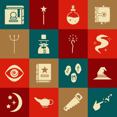 Büyü, Cadı şapkası, Sihirli sis ya da duman, Aşk iksiri şişesi, Sihirbaz, Neptün Mızrağı, Antik büyü kitabı ve asa ikonu. Vektör