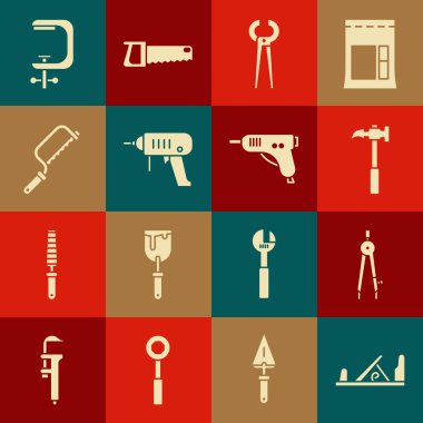 Tahta uçak aleti, pusula, çekiç, kıskaç ve kerpeten, elektrikli matkap, testere, pens vidası ve sıcak tutkal tabancası. Vektör