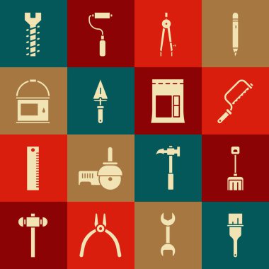 Boya fırçası, kar küreği, testere, pusula, kürek, kova, metal vida ve çimento torbası ikonu. Vektör