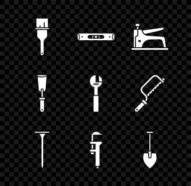 Boya fırçası, inşaat balonu seviyesi, zımba, metal çivi, Calliper veya kalibre ve ölçek, Kürek, macun bıçağı ve ayarlanabilir anahtar simgesi. Vektör