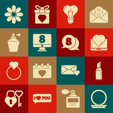 Makyaj tozunu ayna, ruj, online flört uygulaması ve sohbet, kalp şekli ampulü, monitör, parfüm, çiçek ve konuşma balonu ikonu ile ayarla. Vektör